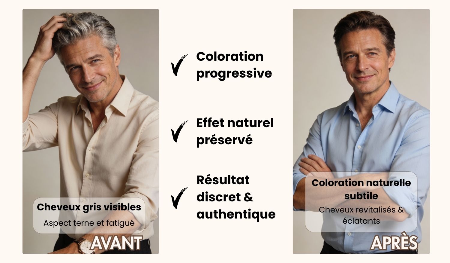 Homme aux cheveux gris bien entretenus, regard confiant, style soigné